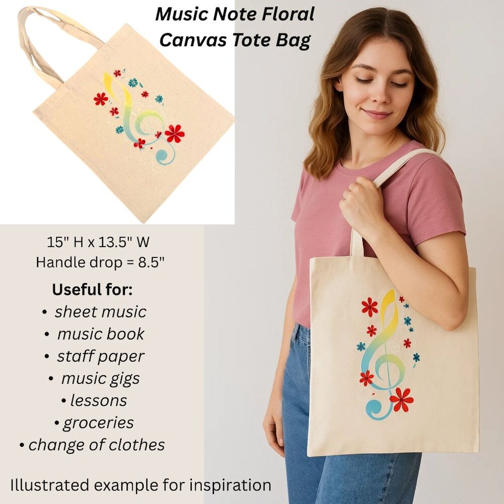 Music Note Floral Canvas Tote Bag Eco Friendly Reusable Shopping Bag Long Handle